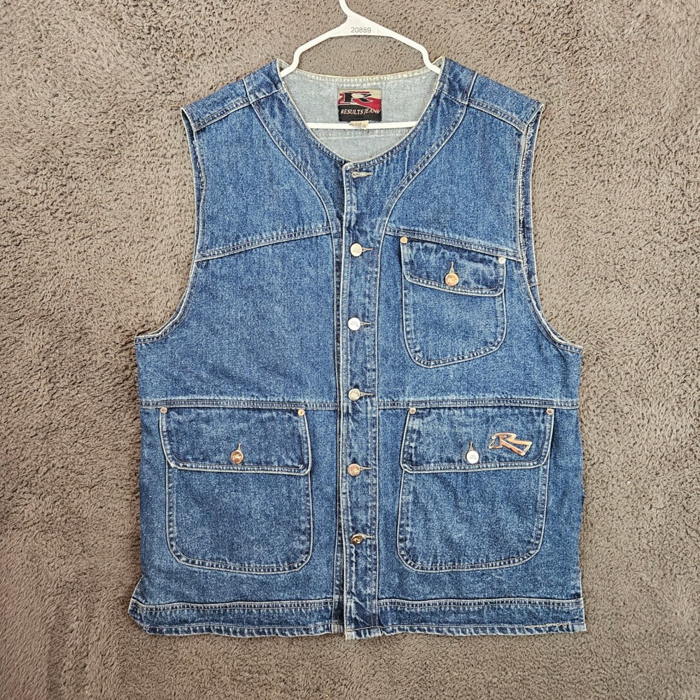 Results Jeans Mens Large Vintage Denim Utility Vest Blue